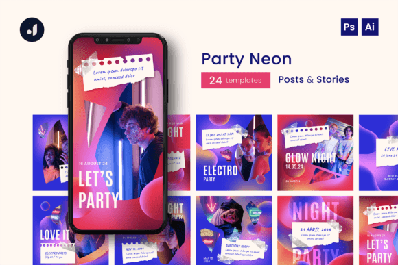 Download Party Neon Instagram Template - Premium Bundle